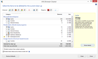 Showing the AVG PC Tuneup Browser Cleaner module